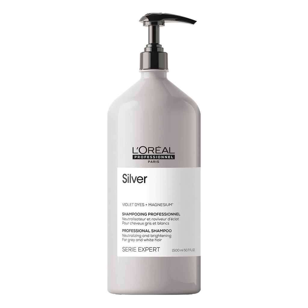 L'Oréal Professionnel Serie Expert Silver Shampoo 1500ml para cabello canoso o blanco matizador de tonos amarillos