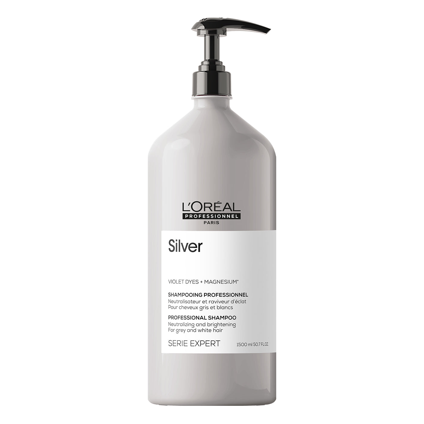 L'Oréal Professionnel Serie Expert Silver Shampoo 1500ml para cabello canoso o blanco matizador de tonos amarillos